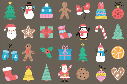 Christmas elements set. Icon collection with Santa Claus, Snowman, Christmas tree and presents. Vector illustration