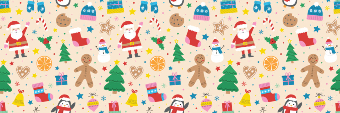 Christmas seamless pattern. Holiday background with cute hand drawn characters and decorations. Vector illustration