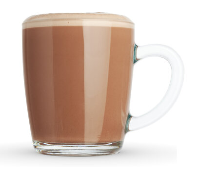 A glass mug of hot cocoa with milk foam on a white background.