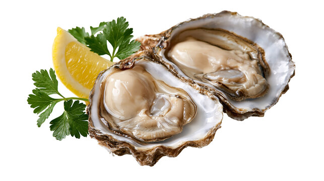 Fresh raw oysters on the half shell with a lemon wedge and green parsley sprig
