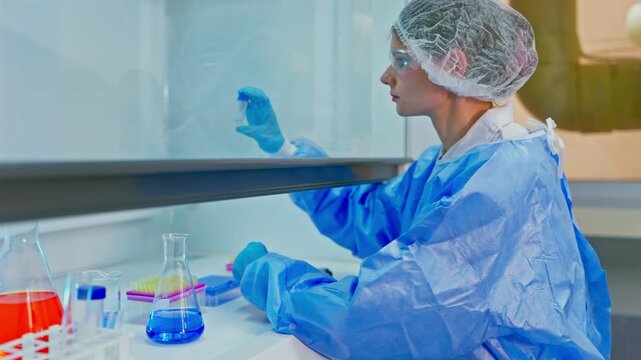 Young female laboratory technician in protective suit, glasses, and gloves, working with chemical reagents in a modern laboratory, researching vaccines and creating drugs for diseases