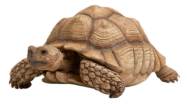 Large brown African spurred tortoise with textured scutes and thick scaly legs