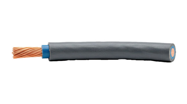 Electrical cable, single insulated electrical cable with flexible sheath, clean cut ends and durable utility construction, photorealistic, front 3/4 view, horizontal orientation, ultra-high-resolution