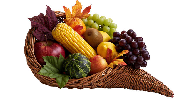 Woven wicker cornucopia filled with fresh autumn harvest fruits and vegetables