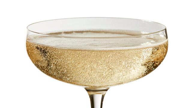 Sparkling champagne in a wide crystal coupe glass with visible carbonation bubbles