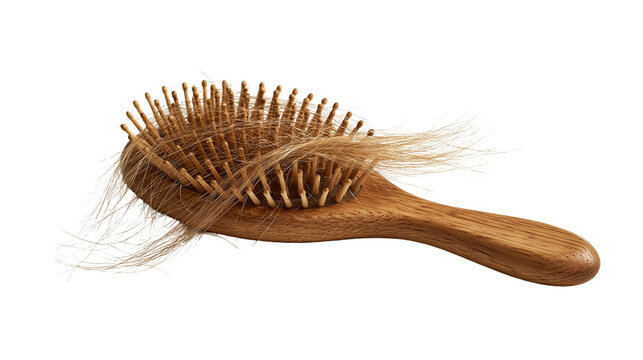 Wooden hairbrush with tangled blonde hair strands stuck in bristles
