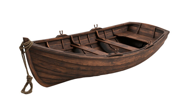 Rustic dark brown wooden rowboat with rope tied to the bow