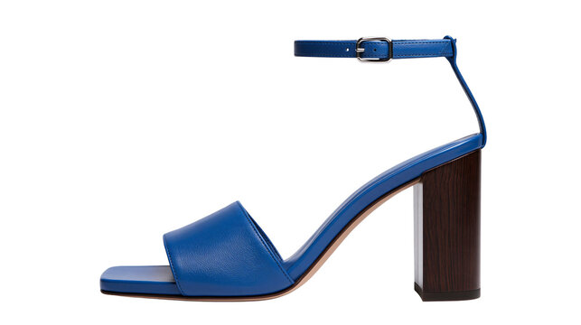 Blue leather ankle strap sandal with a chunky dark brown wooden block heel