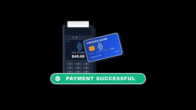 A flat isometric credit card taps a payment terminal, triggering a rhythmic expansion of radiating NFC signal waves on a transparent background
