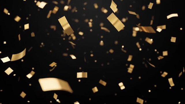 Elegant golden confetti gently falling through the air against a dark black background, creating a luxurious festive atmosphere for New Year, celebration and premium advertising designs.