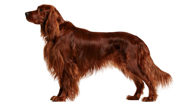 Irish Setter dog with long mahogany red coat standing in profile