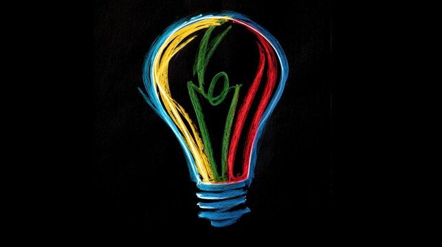 Colorful hand-drawn lightbulb sketch on black background symbolizing creativity and idea generation