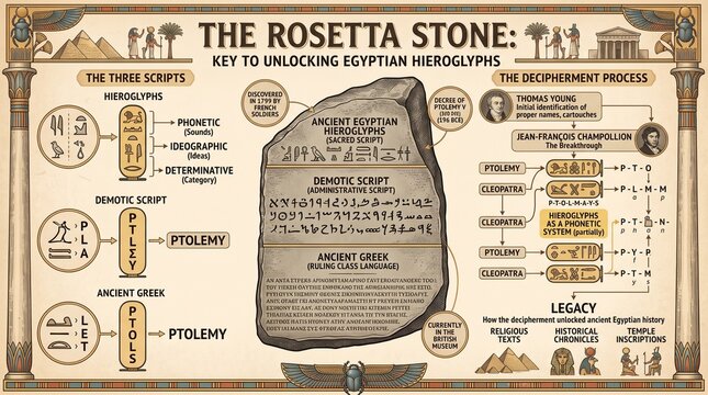 Educational infographic about the Rosetta Stone and Egyptian hieroglyphs