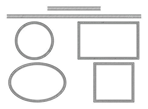 Collection of various geometric frames including circles, rectangles, and squares with textured rope or cable borders in a classic black and white