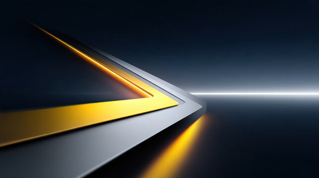 Abstract minimalist geometric background with metallic gold and silver arrow shapes, modern futuristic style, glowing light