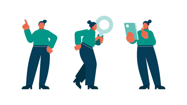 Equipped with smartphones and magnifying glasses to inspect key details, a set of casual female business poses helps corporate websites direct user attention toward actionable data insights