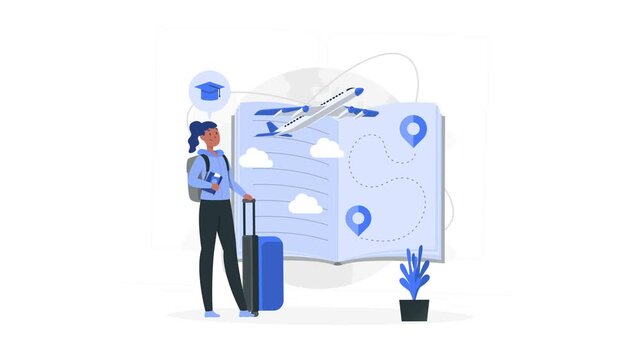 Woman with suitcase and travel map. Travel and education concept for tourism marketing, study abroad business, and adventure presentations
