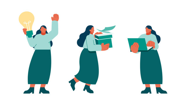 Carrying heavy stacks of paperwork while generating bright light bulb ideas, dynamic female worker poses illustrate how digital workflow tools streamline daily task management for fast teams