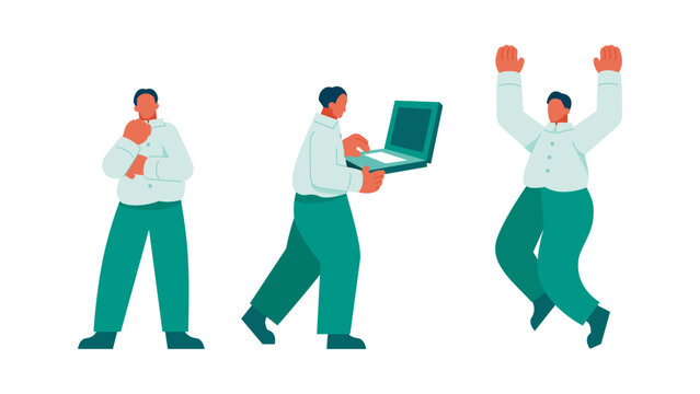 Shifting from deep analytical thinking in arm crossed poses to celebratory jumps of success, male business character illustrations show the journey toward achieving operational goals on laptops