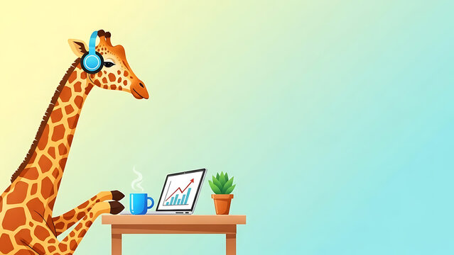 Cartoon giraffe wearing blue headphones works on a laptop with growth charts and hot coffee mug