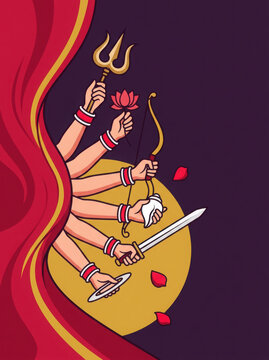 Divine multi-armed goddess hands holding traditional and symbols in durga generated using ai