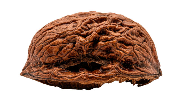 Single walnut shell half with intricate natural ridges, warm brown coloration and realistic dry woody texture, detailed macro stock photography, photorealistic, front 3/4 view, horizontal orientation,