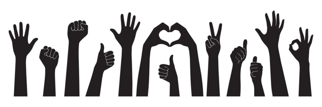 Raised hands silhouette vector set, human arms showing heart shape, thumbs up, peace sign, fist and ok gestures, diverse crowd community, teamwork and volunteering concept illustration