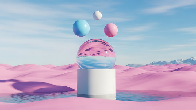 Floating colorful glossy spheres hover above a clean white pedestal in this surreal digital art composition