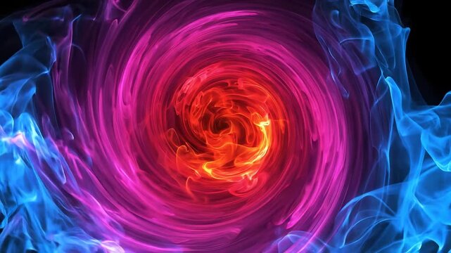 Abstract neon fire vortex: swirling red, purple, and blue smoke background motion