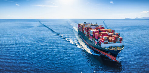 Fototapeta premium Aerial front view of a container cargo ship sailing over the ocean with copy space as a banner for transport and logistics