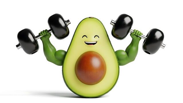 Smiling avocado character with muscular arms lifts heavy black dumbbells during a fun workout exercise routine