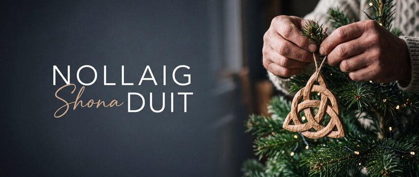 Irish Celtic Christmas ornament decorating tree with wooden Triquetra knot craft and text Nollaig Shona Duit greeting on rustic dark banner background for festive holiday celebration season decor