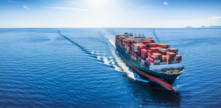 Aerial front view of a container cargo ship sailing over the ocean with copy space as a banner for transport and logistics