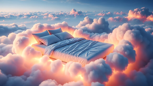 Comfortable white bed with fluffy pillows resting peacefully inside vibrant glowing pink and orange sunset clouds
