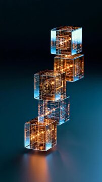 vertical video Blockchain concept with seven glass cubes linked in a rising chain, gold and ice blue 3D animation video
