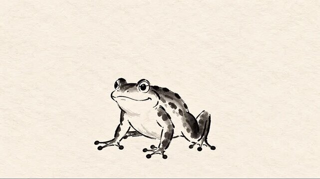 Japanese Sumi-e Frog Jumping on Traditional Washi Paper Background