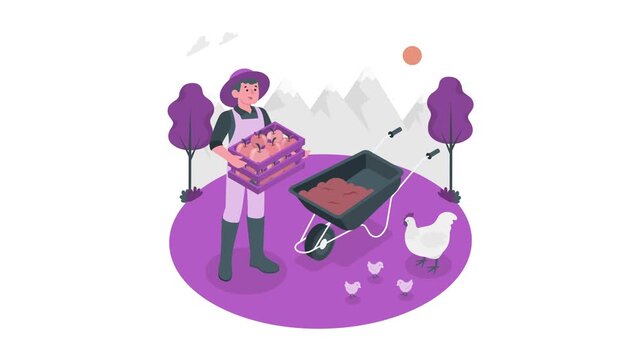 Farmer with chickens and a wheelbarrow. Farm and animal concept for agriculture marketing, poultry business, and nature presentations