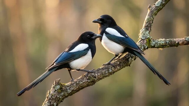 two magpies close up at morning light in western north america woodland video