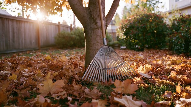 The Rake Leaning Against a Tree in Autumn Leaves at Sunset
