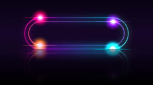 Neon glowing frame with colorful light flares, futuristic oval border on dark background, vibrant electric light effect for digital displays