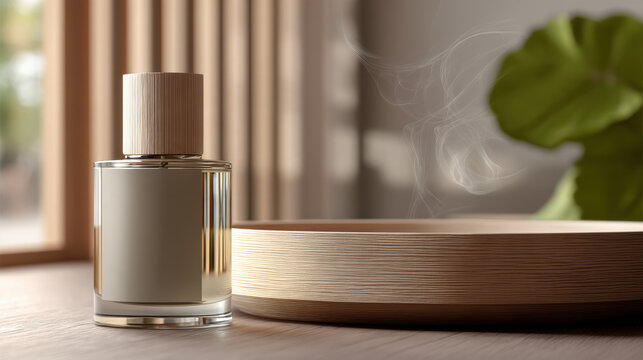 Minimal luxury perfume bottle with wooden cap, elegant glass, soft natural light, calm atmosphere, modern decor