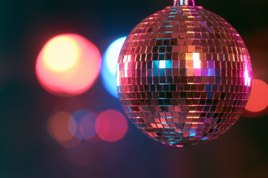 Closeup of a faceted mirrored disco ball suspended against a dark atmospheric background with colorful bokeh circles from vibrant nightlife lighting reflecting magenta cyan and golden highlights