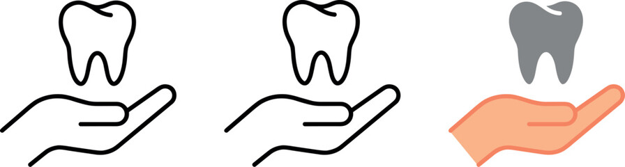 Obraz premium Dental care clinic insurance protection logo icon set with tooth on hand vector line illustration