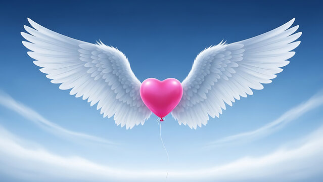 Bright pink heart balloon featuring majestic white feathery angel wings floating through a clear sky