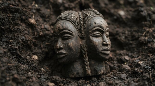 Carved Wooden Tribal Double-Faced Sculpture Resting on Dark Soil Ground