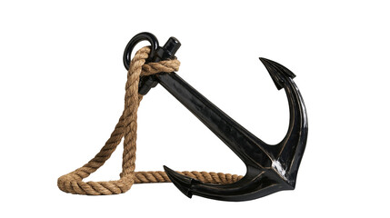 Black metal ship anchor wrapped with thick brown natural fiber nautical rope © Clementine