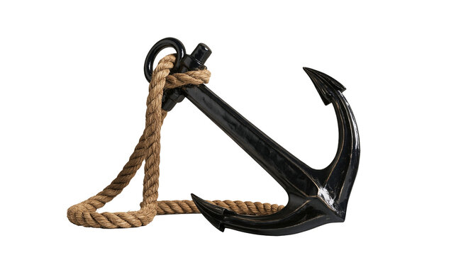 Black metal ship anchor wrapped with thick brown natural fiber nautical rope