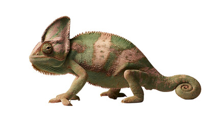 Veiled chameleon with green and brown textured skin and curled tail © Clementine