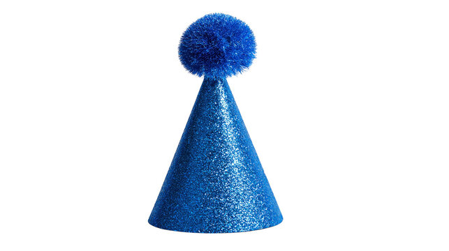 Blue glittery cone shaped party hat with a fluffy pompom topper