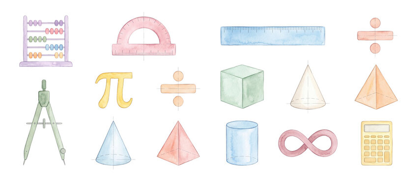 Math symbols watercolor set geometry tools isolated on black background for school education featuring ruler protractor calculator compass pi symbol abacus infinity sign and 3d geometric shapes